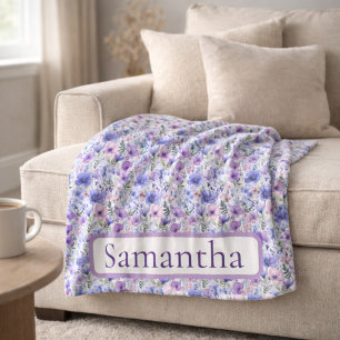 Birthday Gift Purple Floral Personalized Name Fleece Blanket