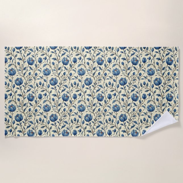 Birthday Gift | Seamless Blue Flower and Leaf Beach Towel (Front)