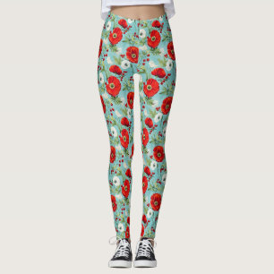 Birthday Gift   Seamless Red and White Poppy Leggings