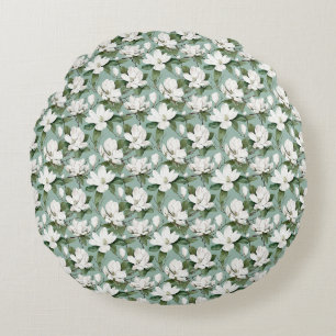Birthday Gift Seamless White Magnolia Flower Round Pillow