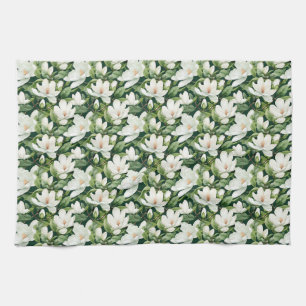 Birthday Gift   White Magnolia Flowers Seamless Kitchen Towel