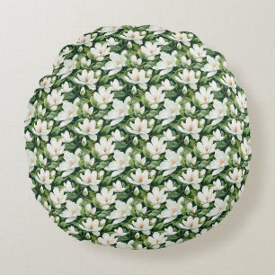 Birthday Gift White Magnolia Flowers Seamless Round Pillow