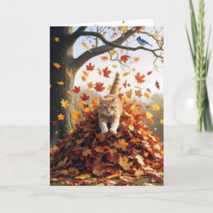 Birthday Ginger Cat In an Autumn Leaf Pile Card
