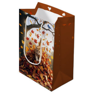 Birthday Ginger Cat In an Autumn Leaf Pile Medium Gift Bag