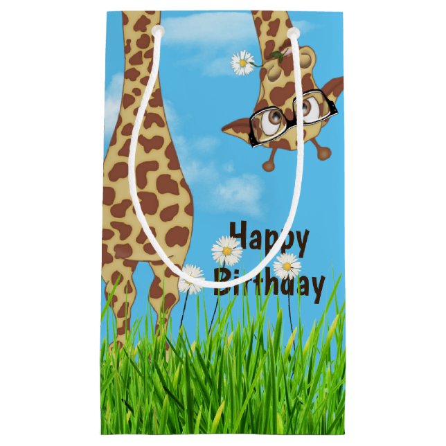 Birthday Giraffe with Glasses in Grass Small Gift Bag (Front)