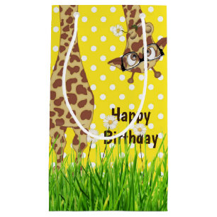 Birthday Giraffe with Glasses on Polka Dots Small Gift Bag