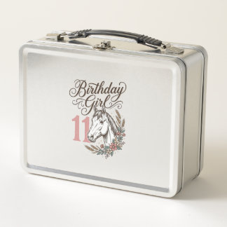 Birthday Girl 11 Horse Floral Vintage Shirt Design Metal Lunch Box