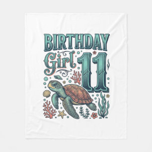 Birthday Girl 11 Sea Turtle Vintage Engraving Desi Fleece Blanket