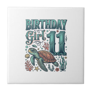 Birthday Girl 11 Sea Turtle Vintage Engraving Desi Tile