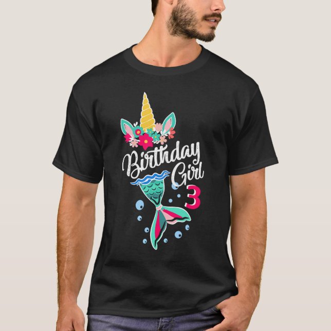 Birthday Girl 3 mermaid unicorn matching bday  for T-Shirt (Front)