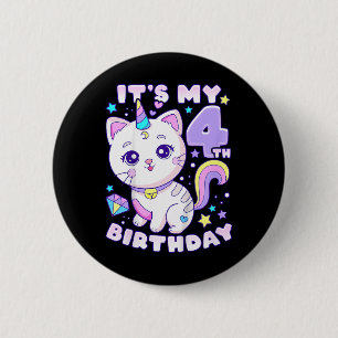 Birthday Girl 4 Years Old, Cat, Unicorn, 4th Birth 2 Inch Round Button