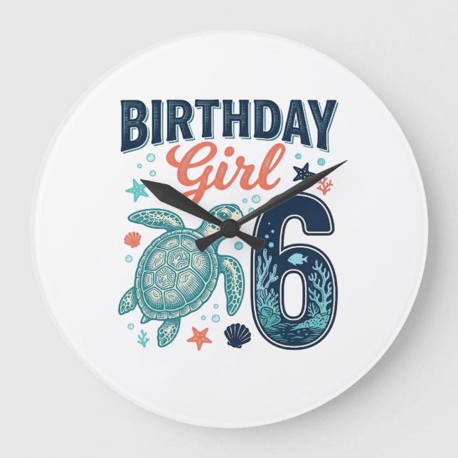 Birthday Girl 6 Sea Turtle Vector Design_1 Large Clock (Front)