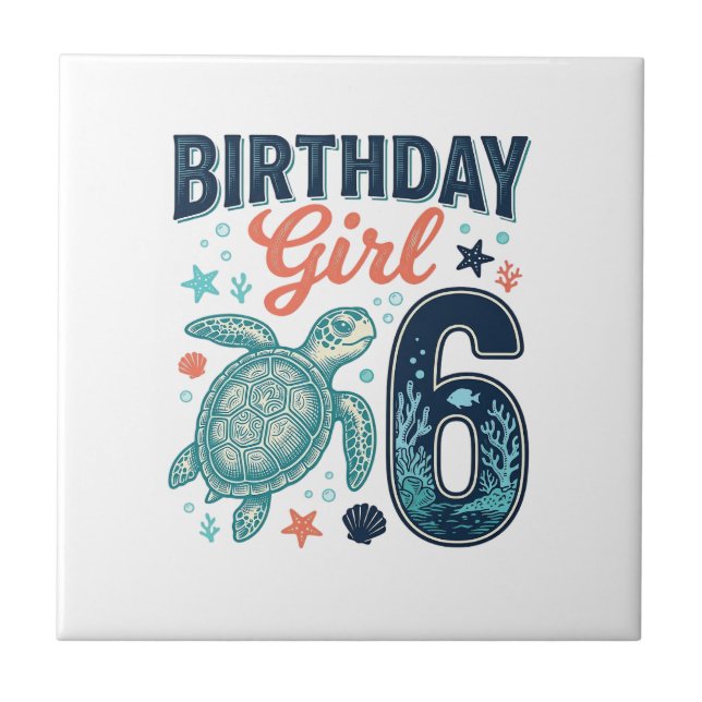 Birthday Girl 6 Sea Turtle Vector Design_1 Tile (Front)