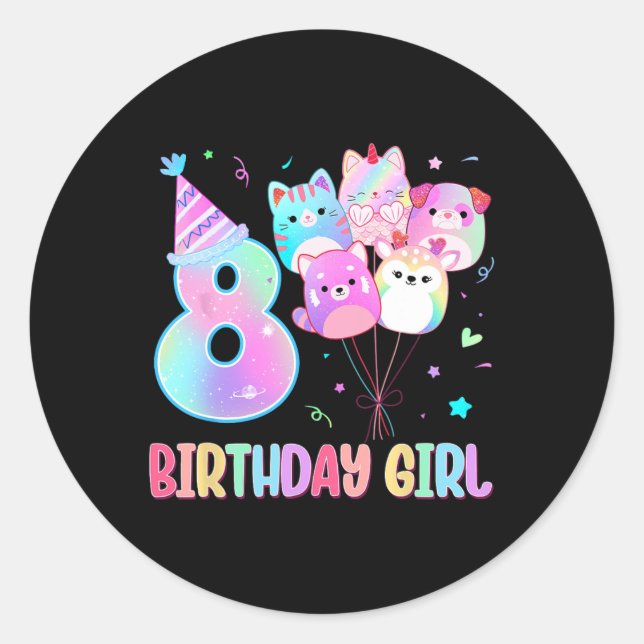 Birthday Girl 8th Birthday Squish Squad Mallow Gir Classic Round Sticker (Front)
