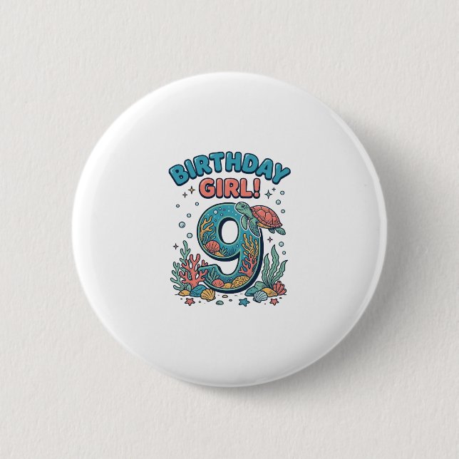 Birthday Girl 9 Ocean Turtle Vector Design_1 2 Inch Round Button (Front)