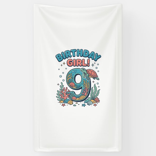 Birthday Girl 9 Ocean Turtle Vector Design_1 Banner (Vertical)