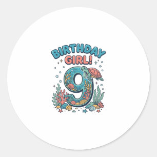 Birthday Girl 9 Ocean Turtle Vector Design_1 Classic Round Sticker