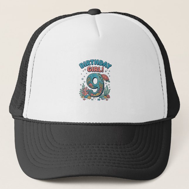 Birthday Girl 9 Ocean Turtle Vector Design_1 Trucker Hat (Front)