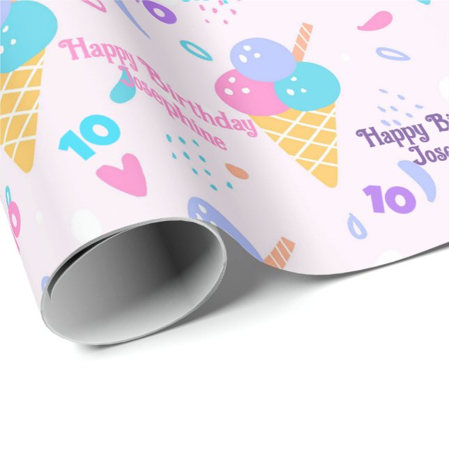 Birthday Girl Add Name and Age Pink Ice Cream Cone Wrapping Paper (Roll Corner)