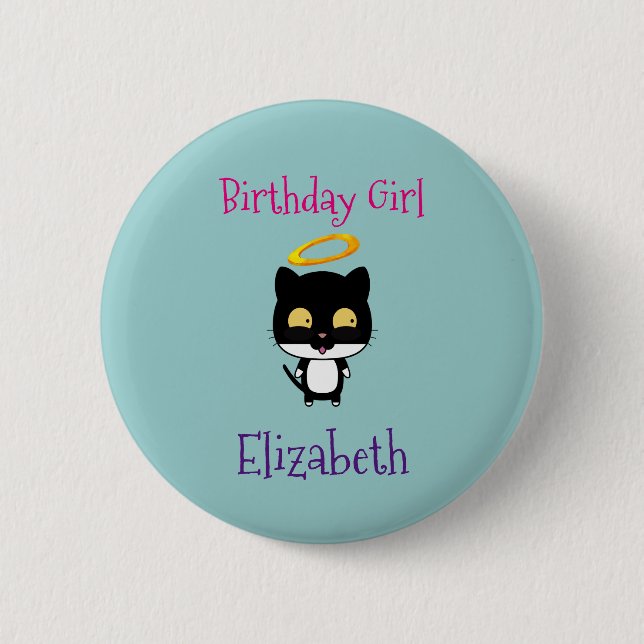 Birthday Girl Angel Halo Kitty Cat Personalized 2 Inch Round Button (Front)
