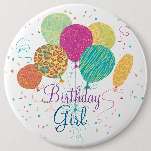 Birthday Girl Animal Pattern Balloons Button (Front)