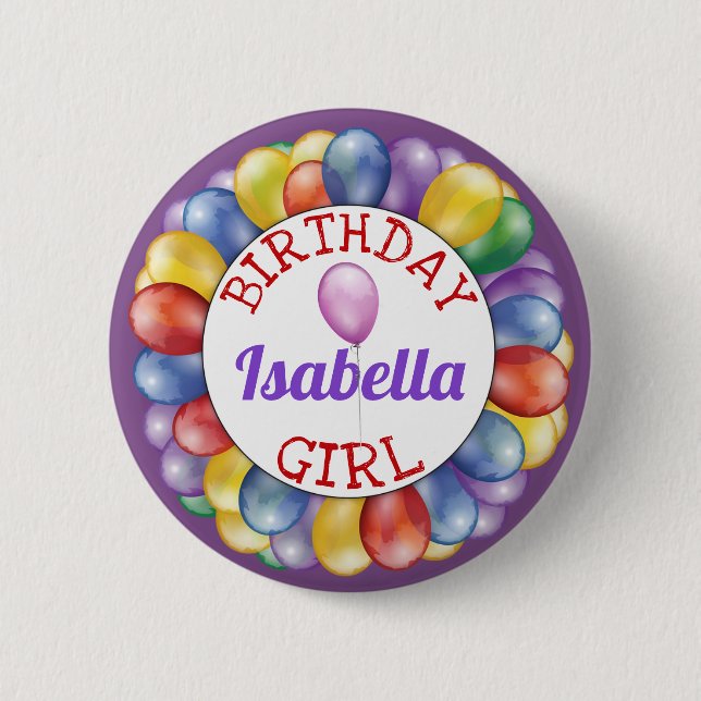 Birthday Girl Balloons Button Purple Red Yellow (Front)