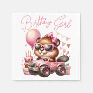 BIRTHDAY GIRL - BEAVER IN A PINK MONSTER TRUCK NAPKIN