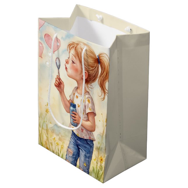 Birthday Girl Blowing Heart Bubbles Medium Gift Bag (Front Angled)