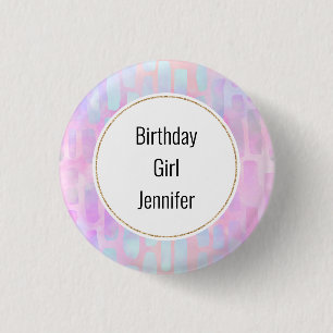 Birthday Girl Blue Rectangle Shapes on Pink 1 Inch Round Button