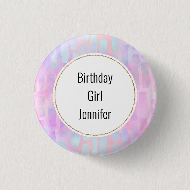 Birthday Girl Blue Rectangle Shapes on Pink 1 Inch Round Button (Front)