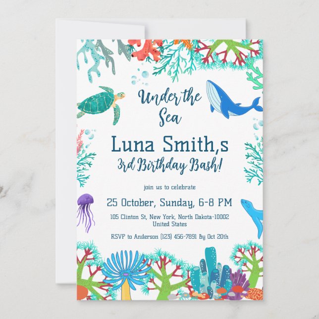 Birthday Girl Colourful Sea Animals Theme Party Invitation (Front)