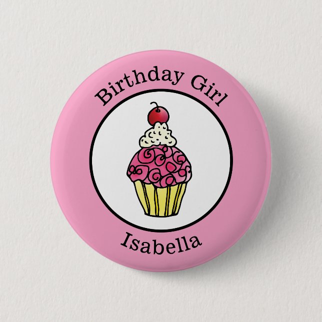 Birthday Girl Cupcake Personalized 2 Inch Round Button (Front)