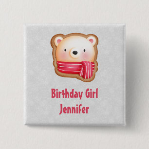 Birthday Girl Cute Bear Face in a Red Scarf 2 Inch Square Button