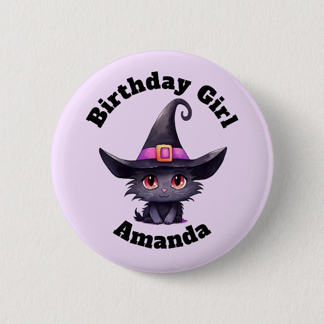 Birthday Girl Cute Black Cat Wearing a Witch's Hat 2 Inch Round Button (Front)