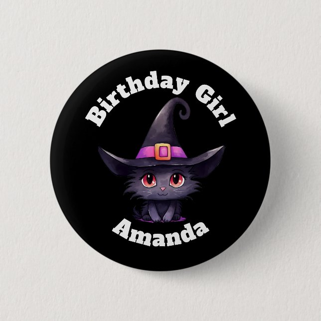 Birthday Girl Cute Black Cat Wearing a Witch's Hat 2 Inch Round Button (Front)