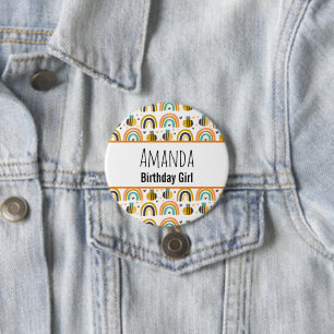 Birthday Girl Cute Bumble Bee and Rainbows Pattern 3 Inch Round Button