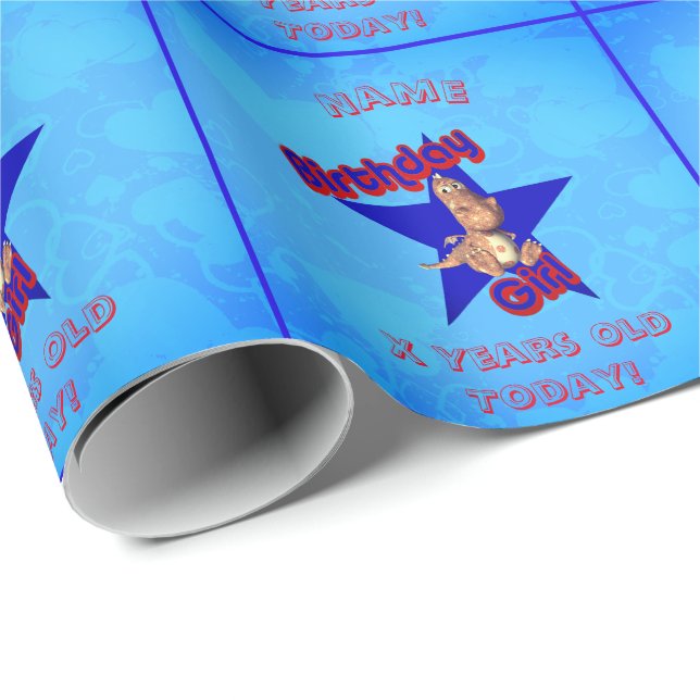 Birthday Girl Cute Dinosaur Personalized Birthday  Wrapping Paper (Roll Corner)