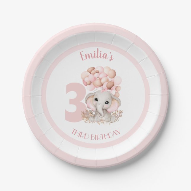 Birthday Girl Cute Elephant Pink Paper Plates (Front)