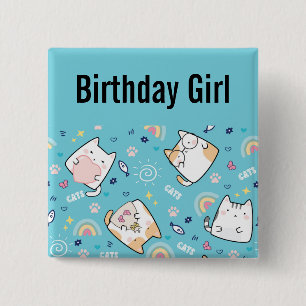 Birthday Girl  Cute Kitty Cat Pattern Whimsical 2 Inch Square Button