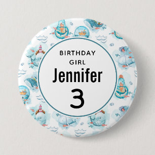 Birthday Girl Cute Nautical Whales Pattern 3 Inch Round Button