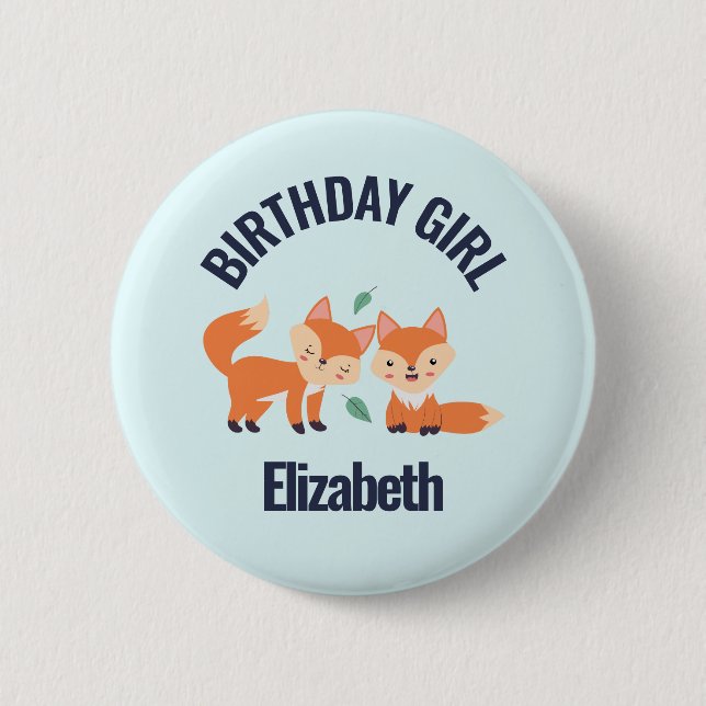 Birthday Girl Cute Orange Foxes Illustration 2 Inch Round Button (Front)
