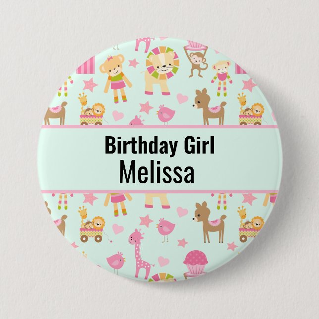 Birthday Girl Cute Pattern with Animals & Toys 3 Inch Round Button (Front)