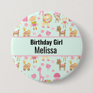 Birthday Girl Cute Pattern with Animals & Toys 3 Inch Round Button