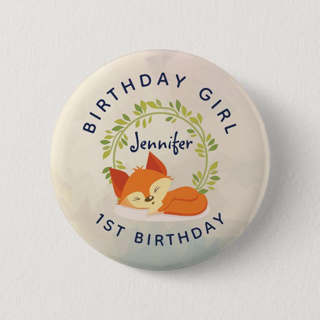 Birthday Girl Cute Sleeping Orange Fox 2 Inch Round Button (Front)