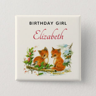 Birthday Girl Cute Vintage Foxes Winter Scene 2 Inch Square Button