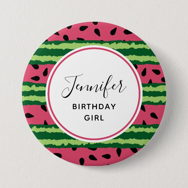 Birthday Girl Cute Watermelon Pattern Pink & Green 3 Inch Round Button (Front)