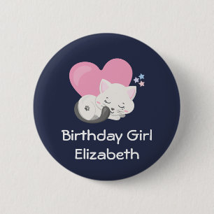 Birthday Girl Cute White Kitty Cat Sleeping 2 Inch Round Button