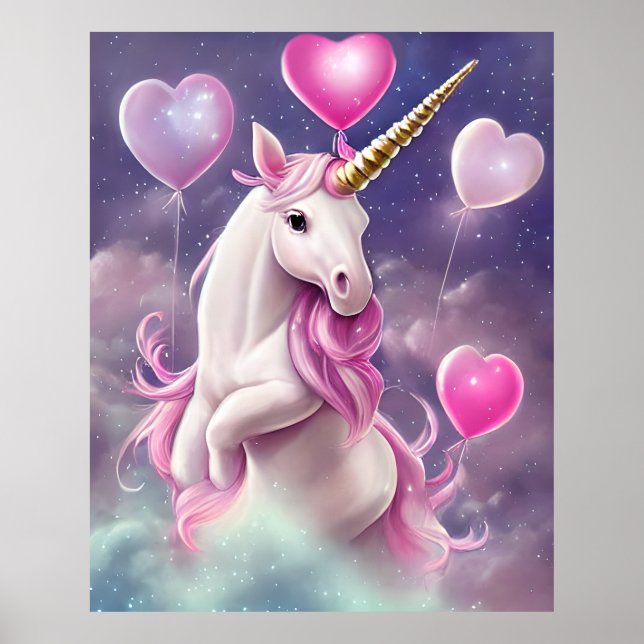 Birthday Girl Fantasy Unicorn with Pink Balloons Poster (Front)