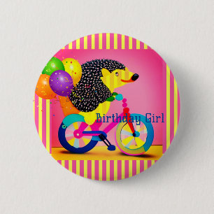 Birthday Girl Hedgehog Riding Bicycle Balloons   2 Inch Round Button