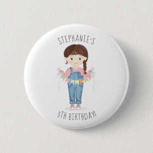 Birthday Girl in Overalls Brunette 2 Inch Round Button